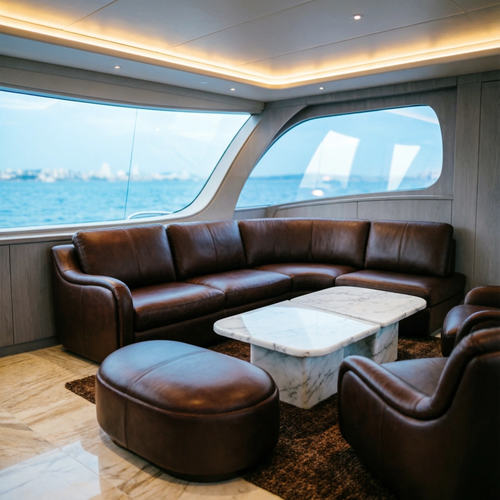 Luxury yacht interior salon with panoramic windows
